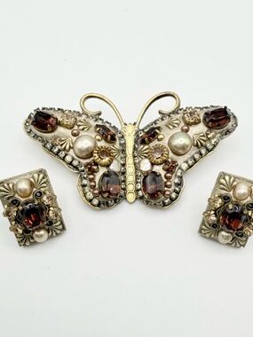 Michal Golan Butterfly Brooch & Earrings Set Amber Glass Faux Pearl Brass Vintag